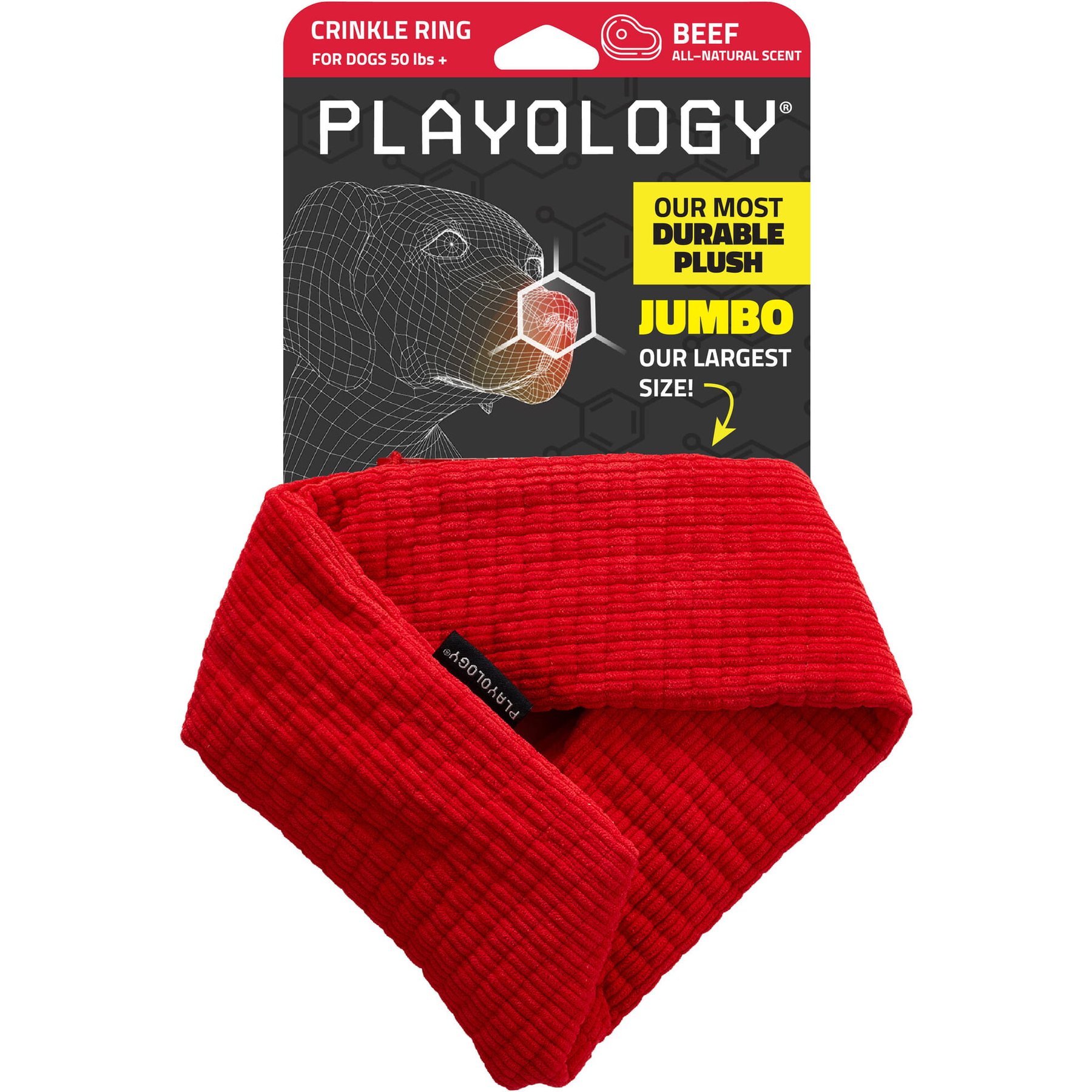 Playology Beef Scented Crinkle Ring Plush Dog Toy, Jumbo