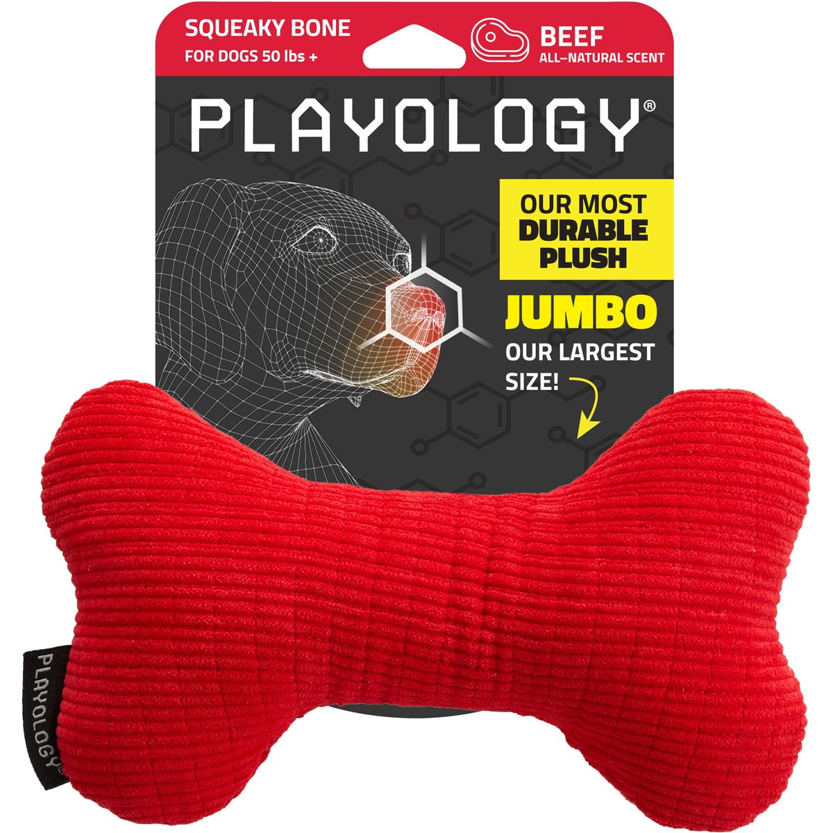 Playology Beef Scented Squeaky Bone Plush Dog Toy, Jumbo