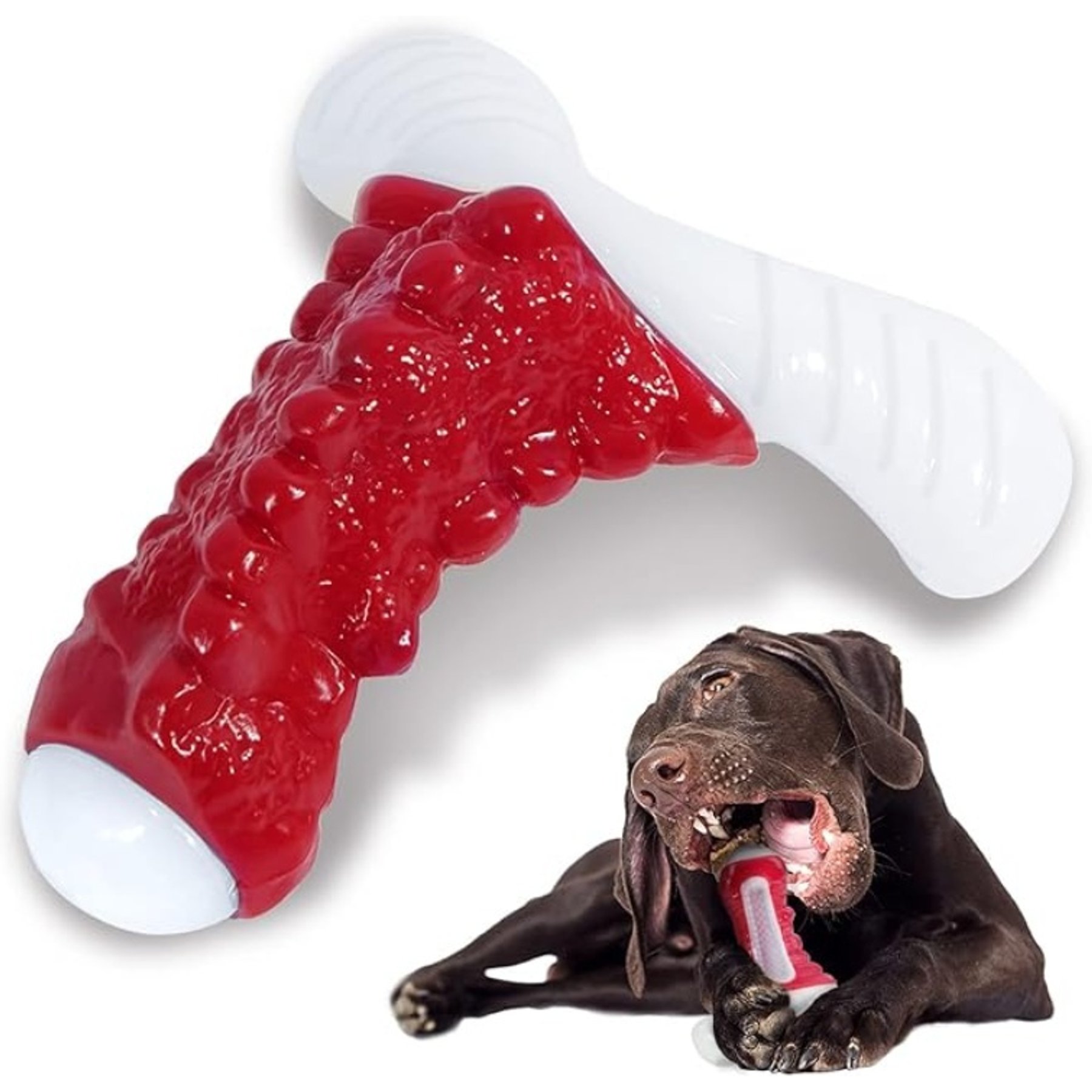 Kseroo Indestructible Bacon Flavor Tough Chew Bone Dog Toy, Red