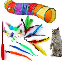 Kseroo Variety Set with Rainbow Tunnel Exercise Cat Toy, Multicolor, 14 count, 45-in