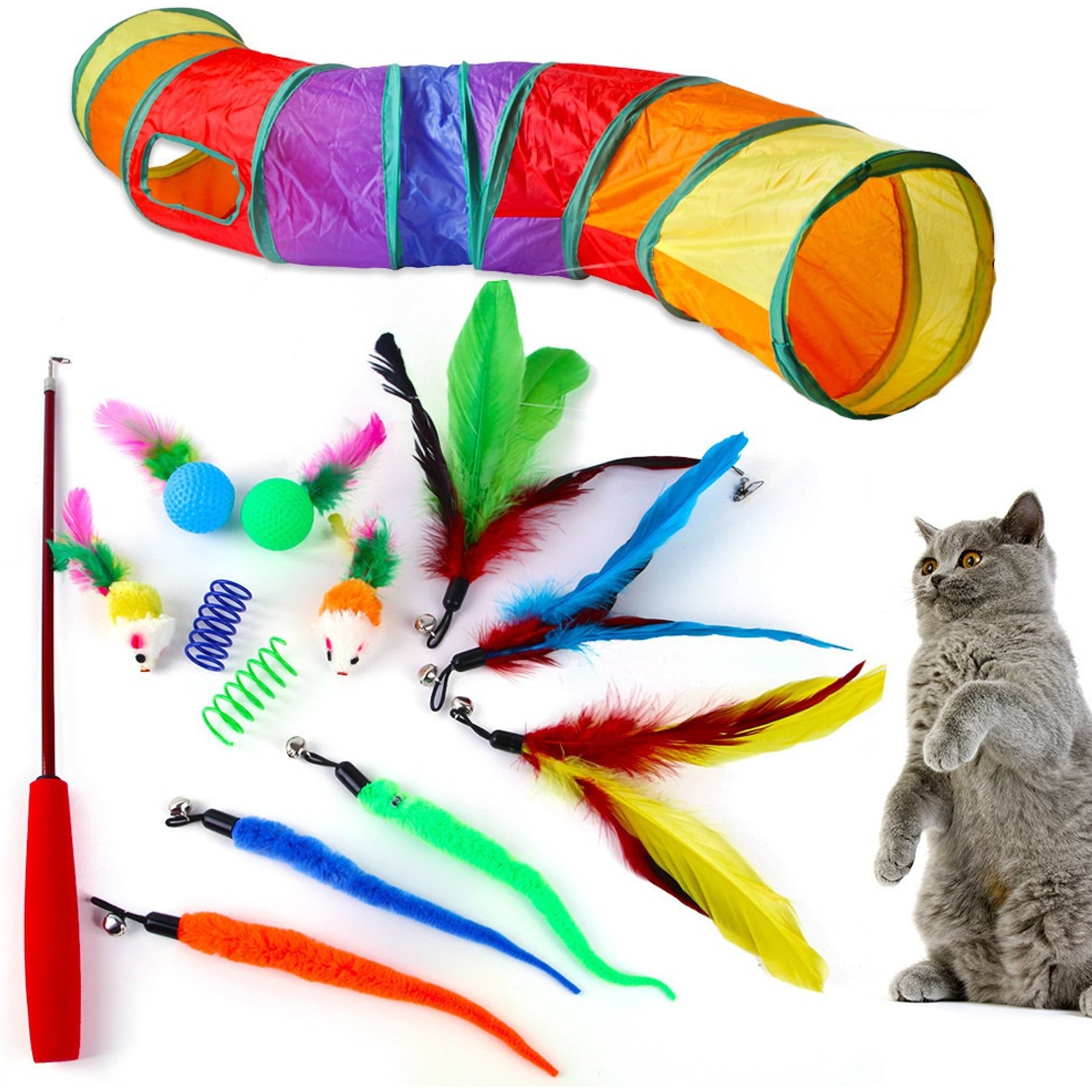 Kseroo Variety Set with Rainbow Tunnel Exercise Cat Toy, Multicolor, 14 count, 45-in