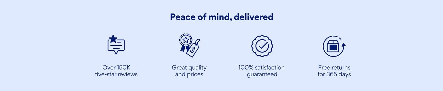 Peace of mind, delivered Over 150K five-star reviews, Great quality and prices, 100% satisfaction guaranteed, Free returns for 365 days