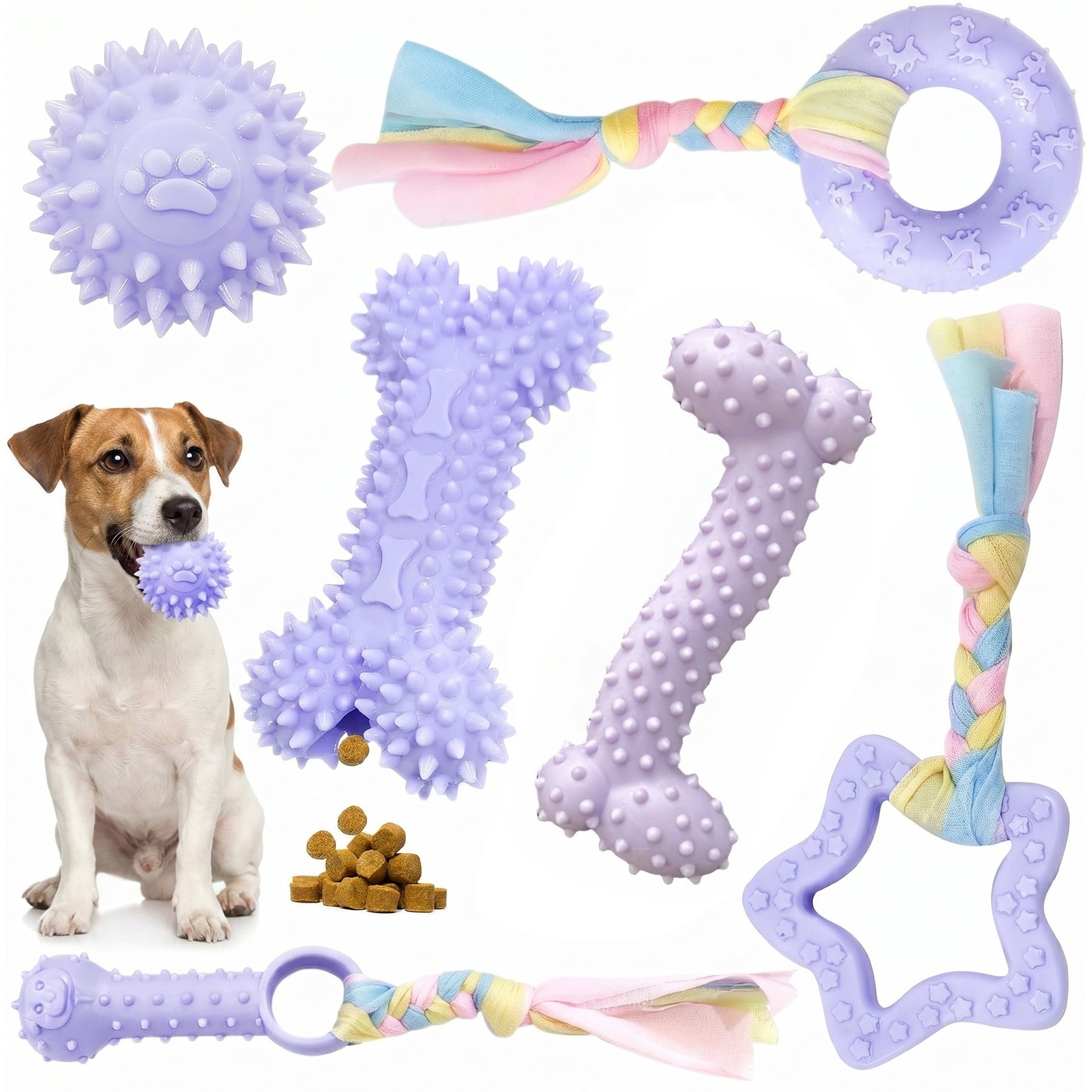 Kseroo Soft Rubber Bone & Rope Balls Dog Toy, Purple, 6 count