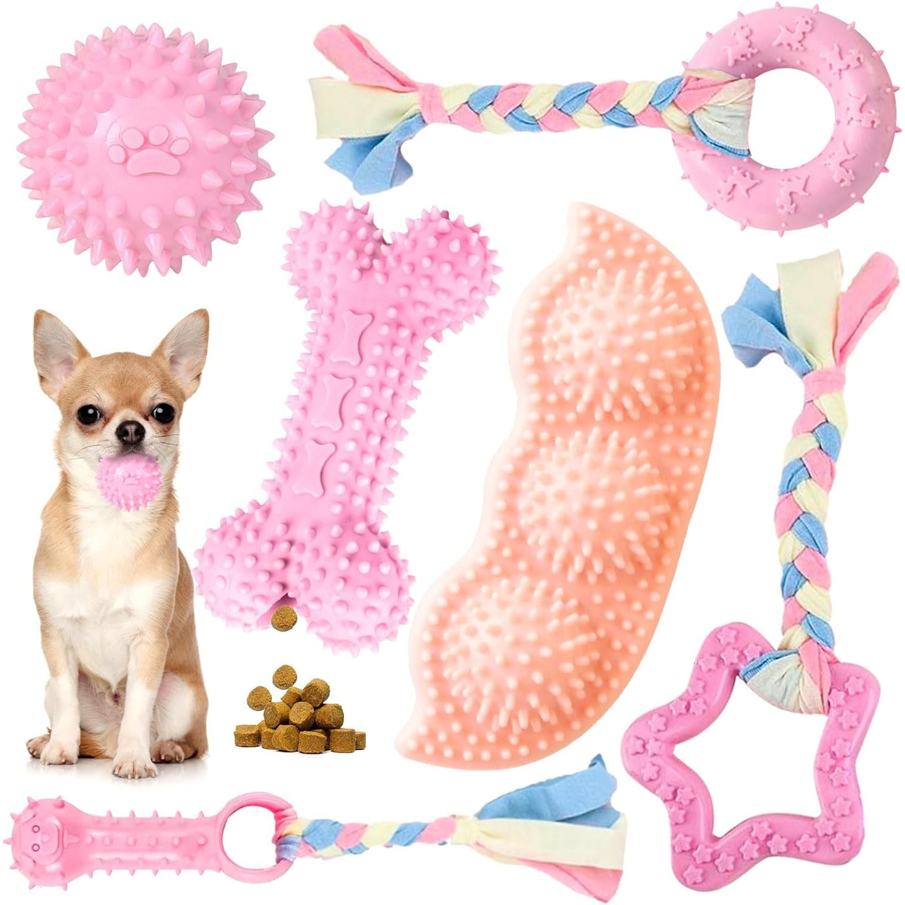 Kseroo Soft Rubber Bone & Rope Balls Dog Toy, Pink, 6 count