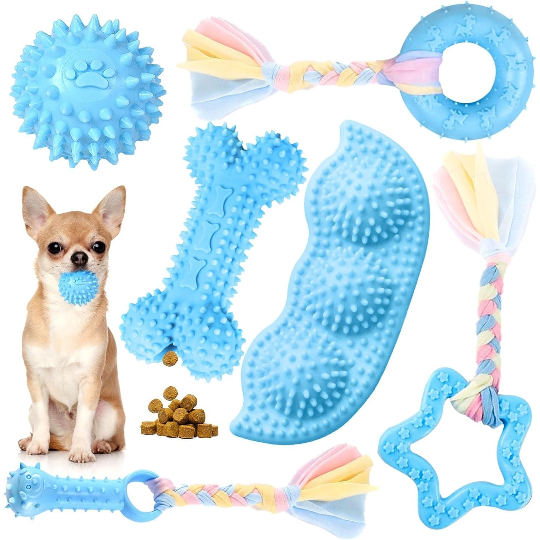Kseroo Soft Rubber Bone & Rope Balls Dog Toy, Blue, 6 count