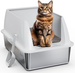 Pawward Stainless Steel Cat Litter Box High Sided with Scoop, White, X-Large
