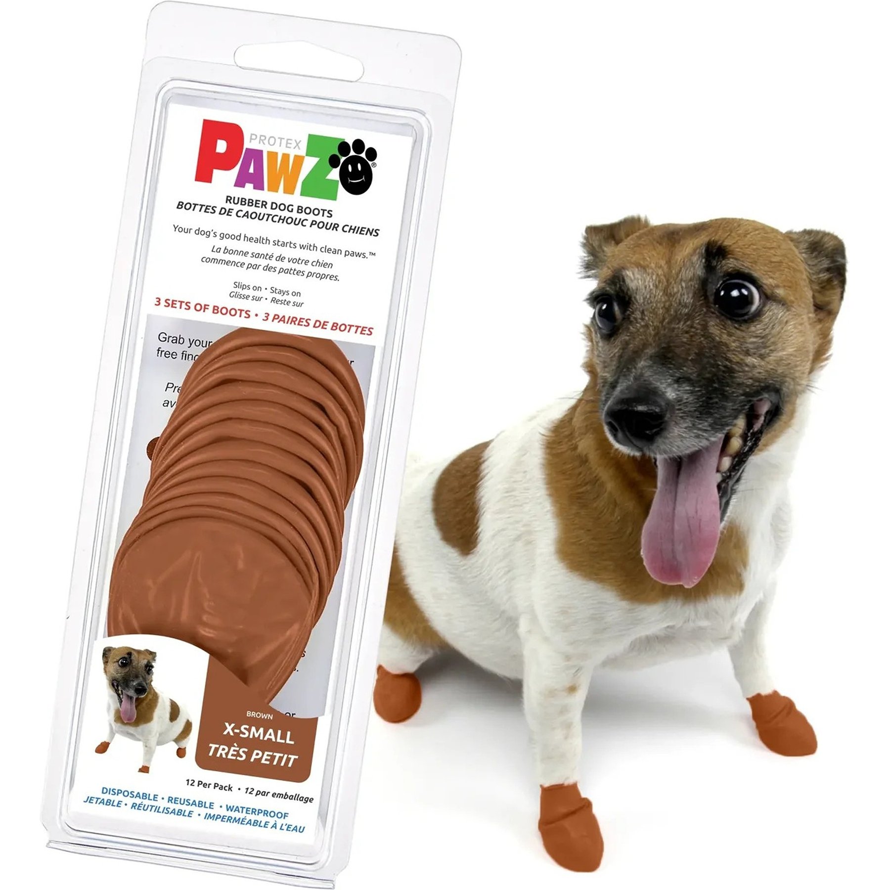 Pawz Waterproof Rubber Dog Boots, 12 count, Teak Brown, X-Small