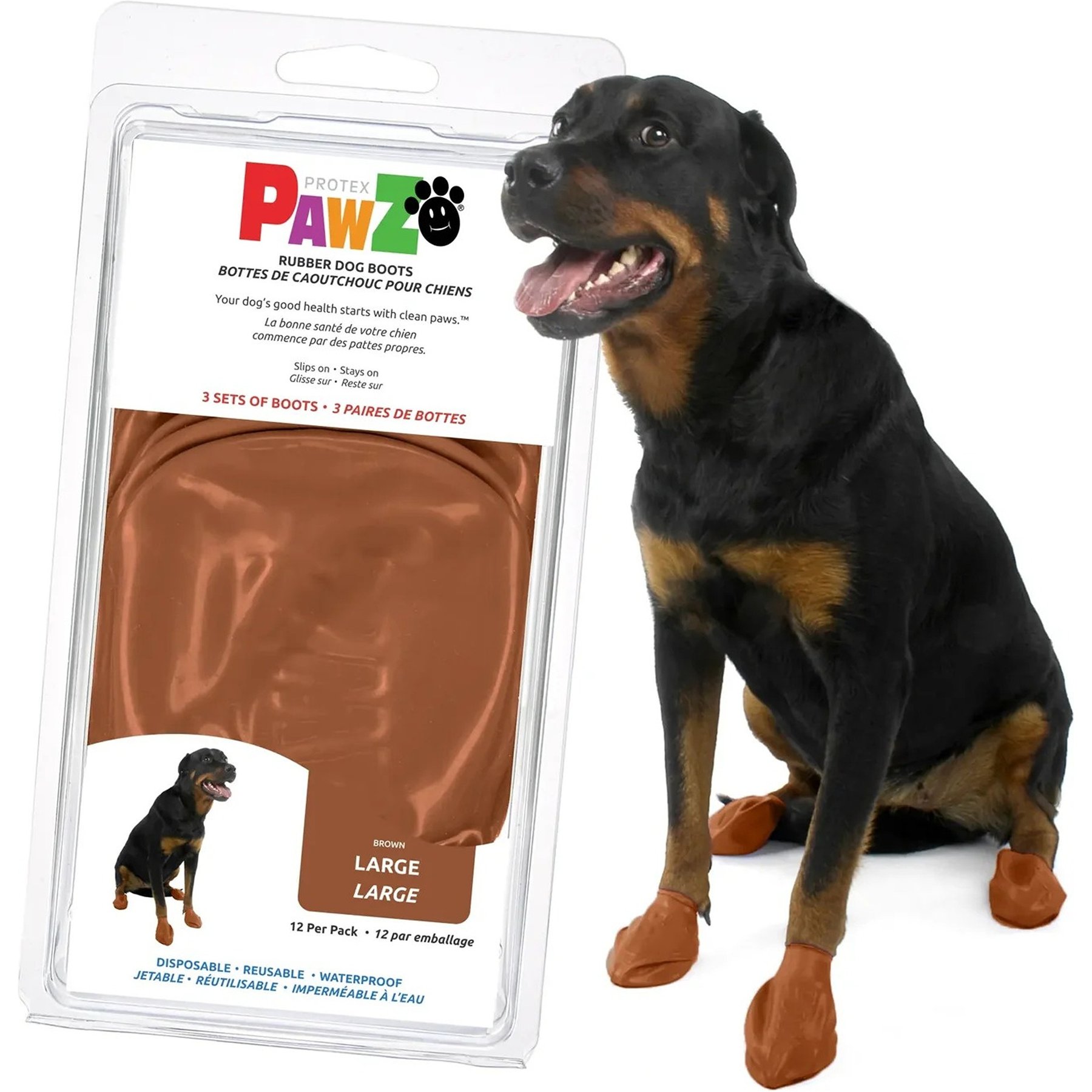 Pawz Waterproof Rubber Dog Boots, 12 count, Teak Brown, Large
