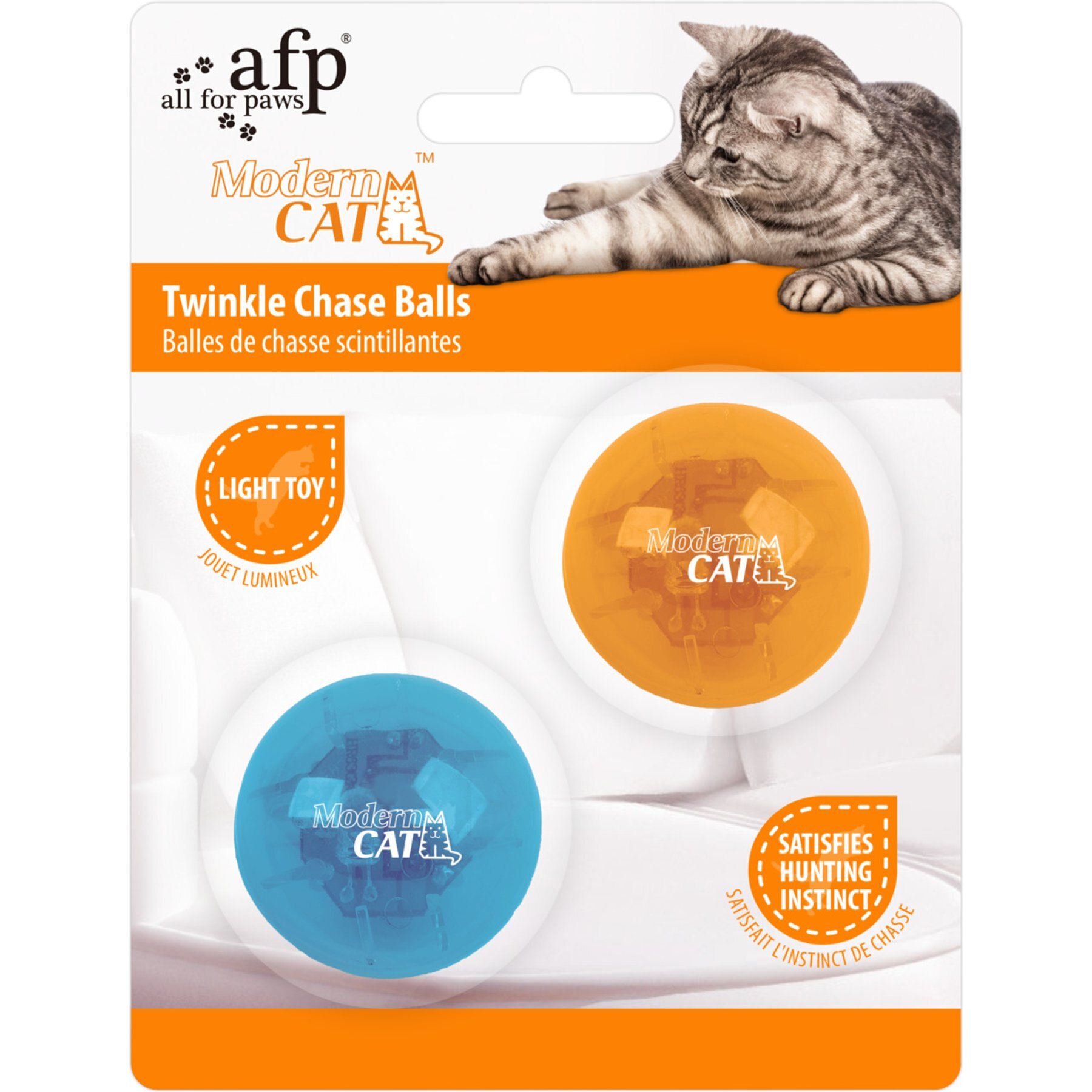 allforpaws Modern Twinkle Chase Ball Cat Toy, Orange/Blue, 2 count, 1.5-in