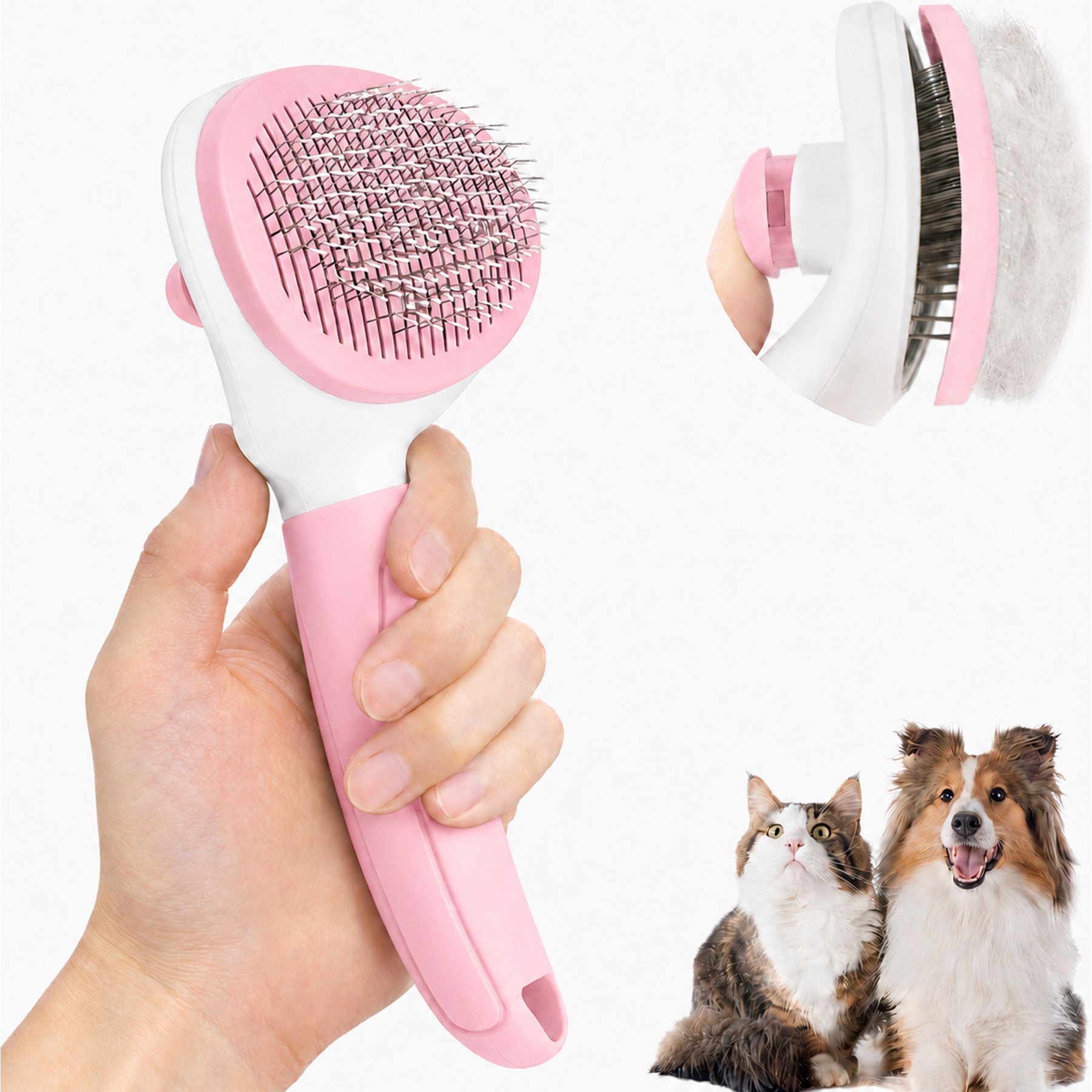 Fido Fave Self-Cleaning Deshedding & Dematting Dog & Cat Slicker Brush with Quick Release Button, Pink