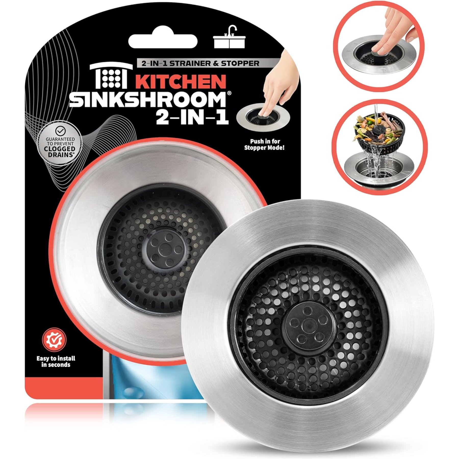 TubShroom SinkShroom Kitchen 2-in-1 Pop-Up Sink Stopper & Pet Strainer Removable Anti-Clog Basket, Stainless Steel