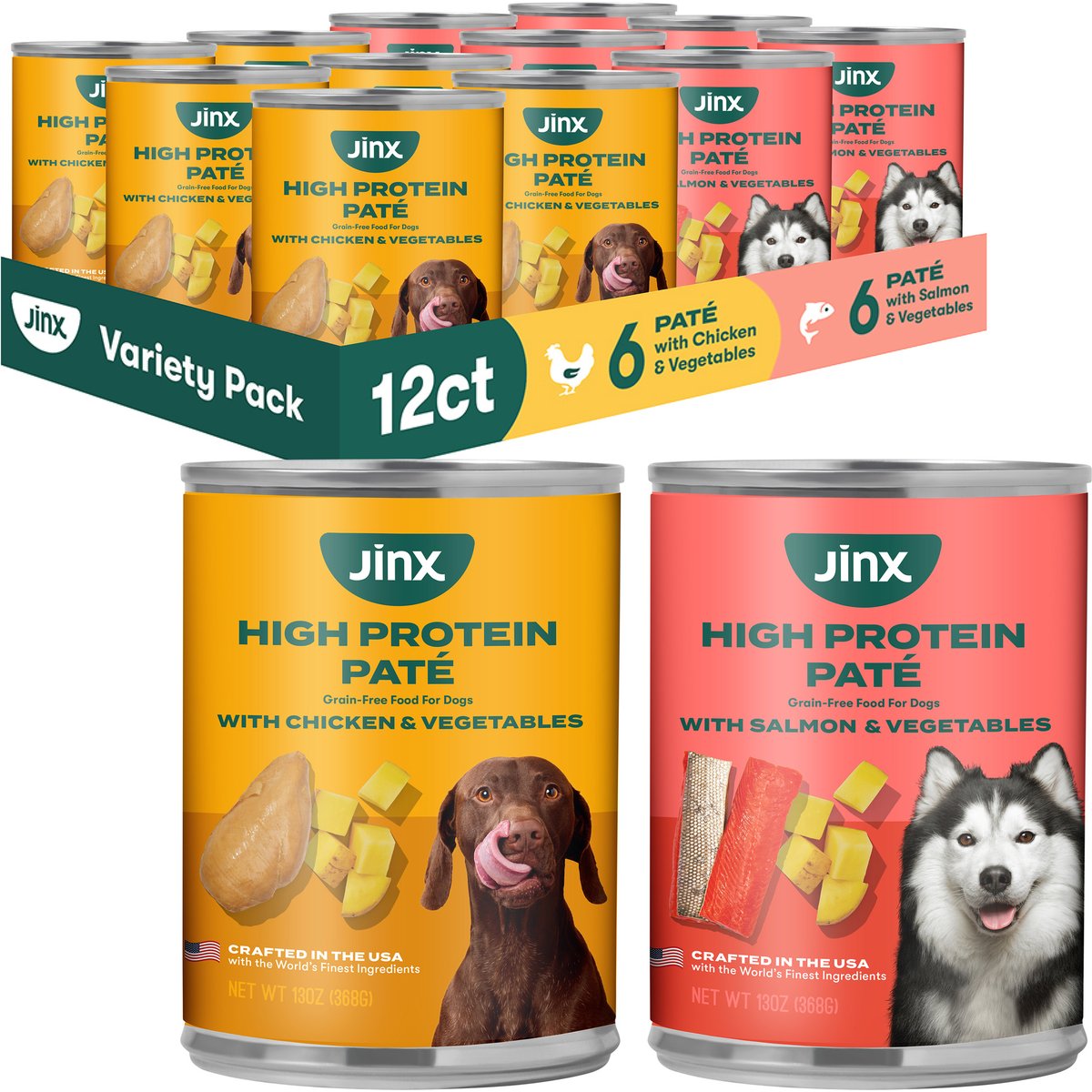 Jinx Chicken & Salmon Variety Pack Wet Dog Food, 13-oz can, case of 12