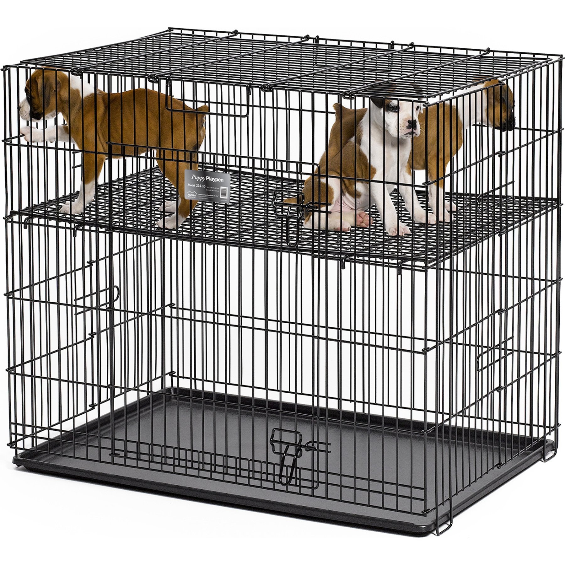 MidWest Homes for Pets Elevated Grate Double Door Wire Puppy Playpen Crate with 1-in Spacing, Grid & Pan Included, Black, Small