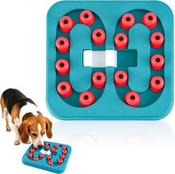 Potaroma Cube Puzzle Slow Feeder Training Treat Dispensing Dog Toy with Pull-Out Drawers & Rotating Bone Mechanisms, Blue, 11.8 x 11.8 x 2.4-in