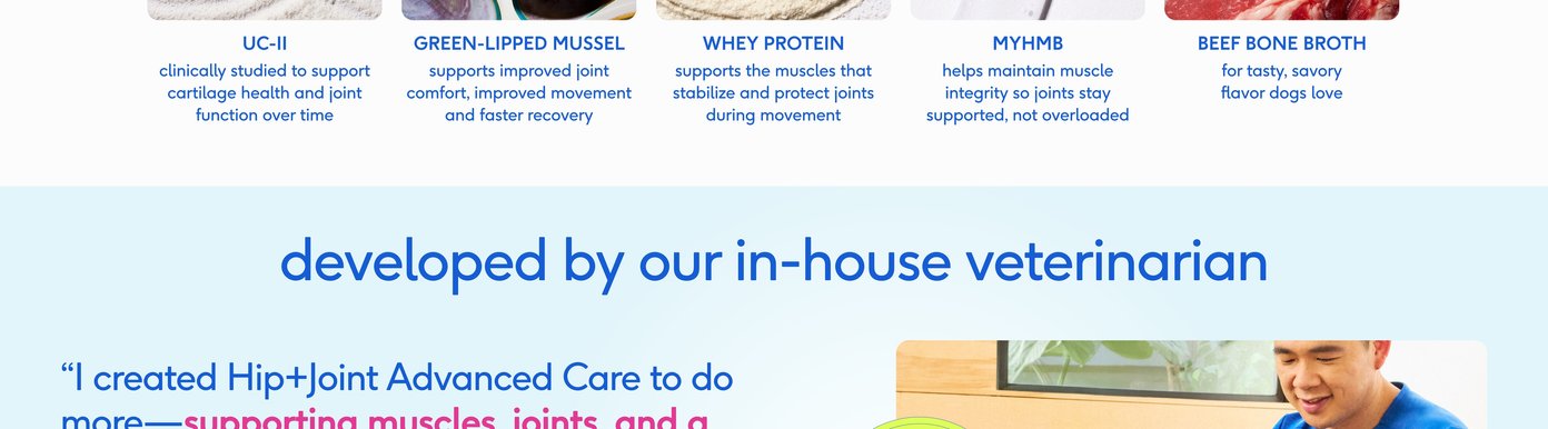 This brand story section highlights the principles behind Native Pet products through a series of lifestyle and product images. The company emphasizes that its supplements are developed by veterinarians and made entirely in-house to ensure quality and effectiveness. Additional messages focus on clean, high-quality ingredients with no fillers, strong palatability even for picky pets through real-food ingredients, and product formats designed to help pets receive the full benefit of every ingredient.