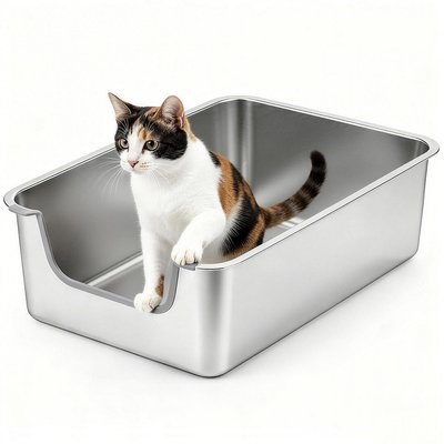Ptlom Ptlom Front Entry Stainless Steel Pan Cat Litter Box, 23.4 x 15.5 x 5.9-in