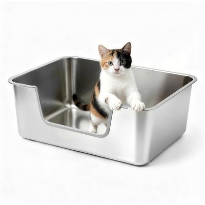 Ptlom Ptlom Side Entry Stainless Steel Pan Cat Litter Box, 19.4 x 13.5 x 5.9-in