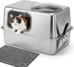 Ptlom Side Entry Stainless Steel Litter Box Extra Large Metal Pan Cat Litter Box with Lid, 23.8 x 15.9 x 13.1-in