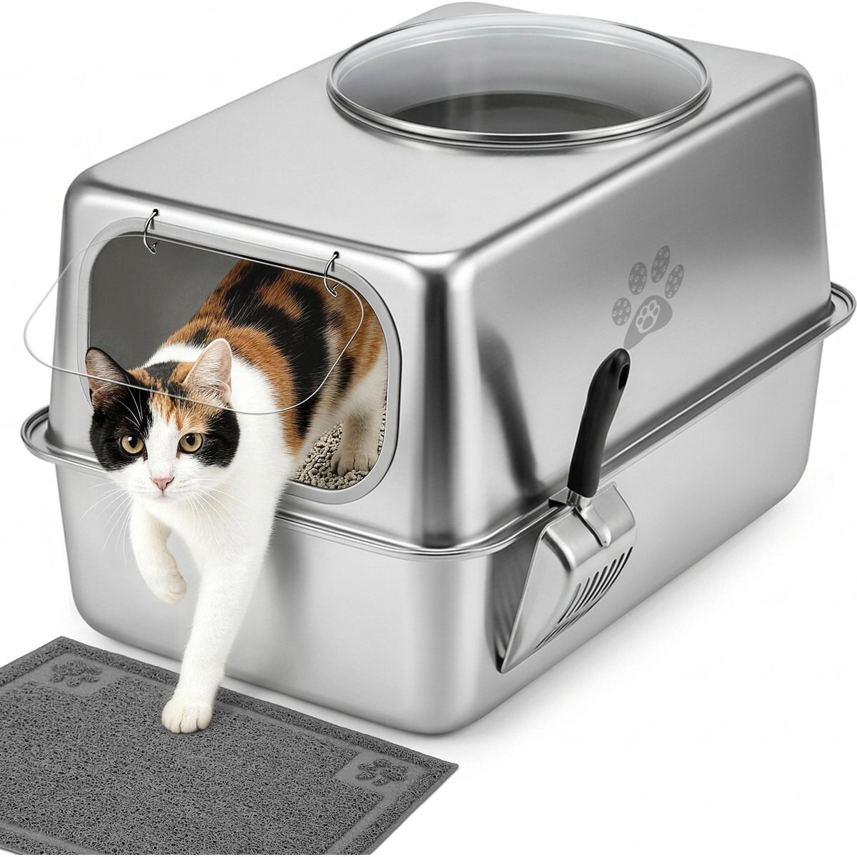 Ptlom Front Entry Stainless Steel Litter Box Extra Large Metal Pan Cat Litter Box with Lid, 23.8 x 15.9 x 13.1-in