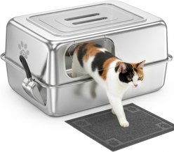 Ptlom Wide Entry High Sided Enclosed Leak Proof Stainless Steel Pan Cat Litter Box with Lid, 27.7 x 19.8 x 13.1-in