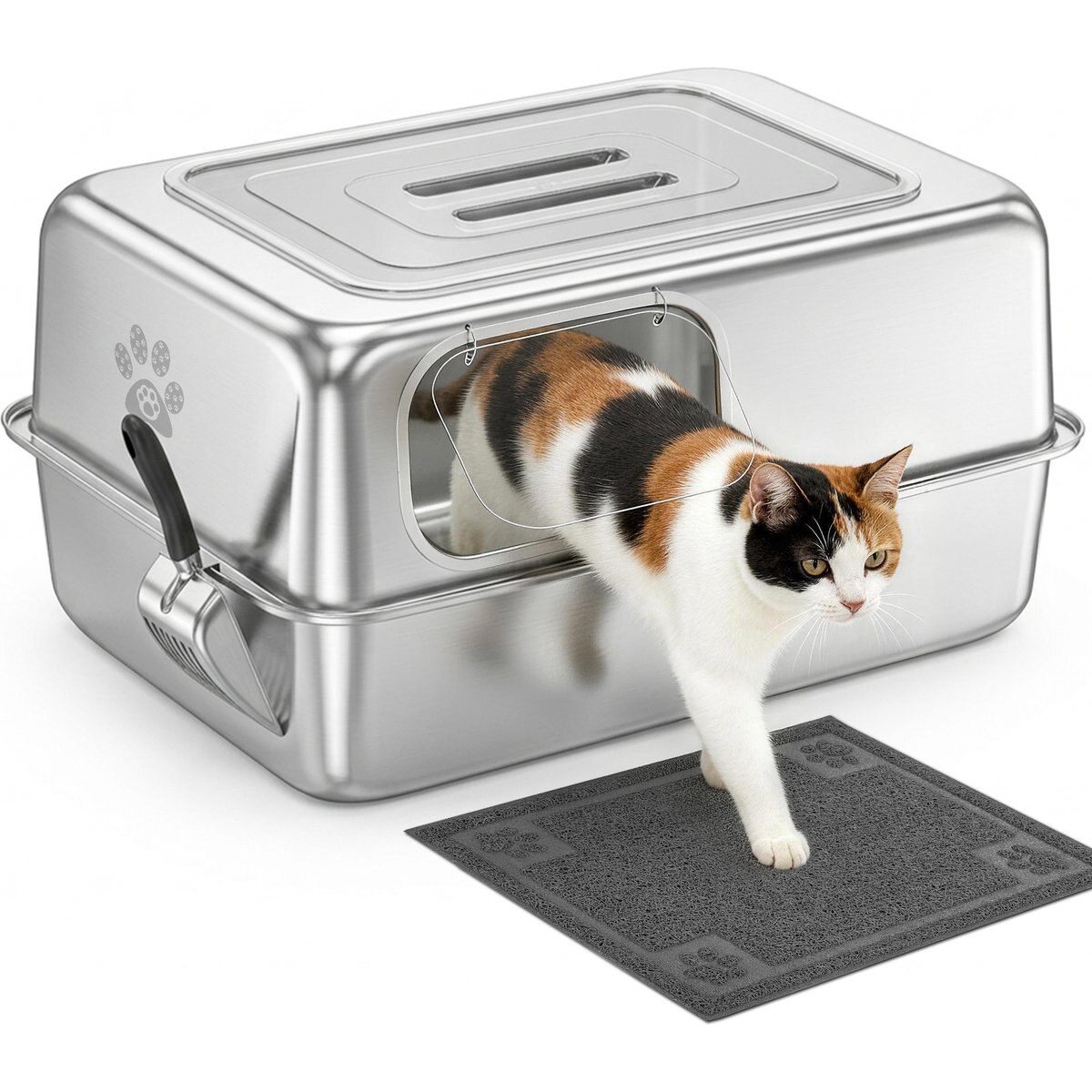 Ptlom Wide Entry High Sided Enclosed Leak Proof Stainless Steel Pan Cat Litter Box with Lid, 27.7 x 19.8 x 13.1-in