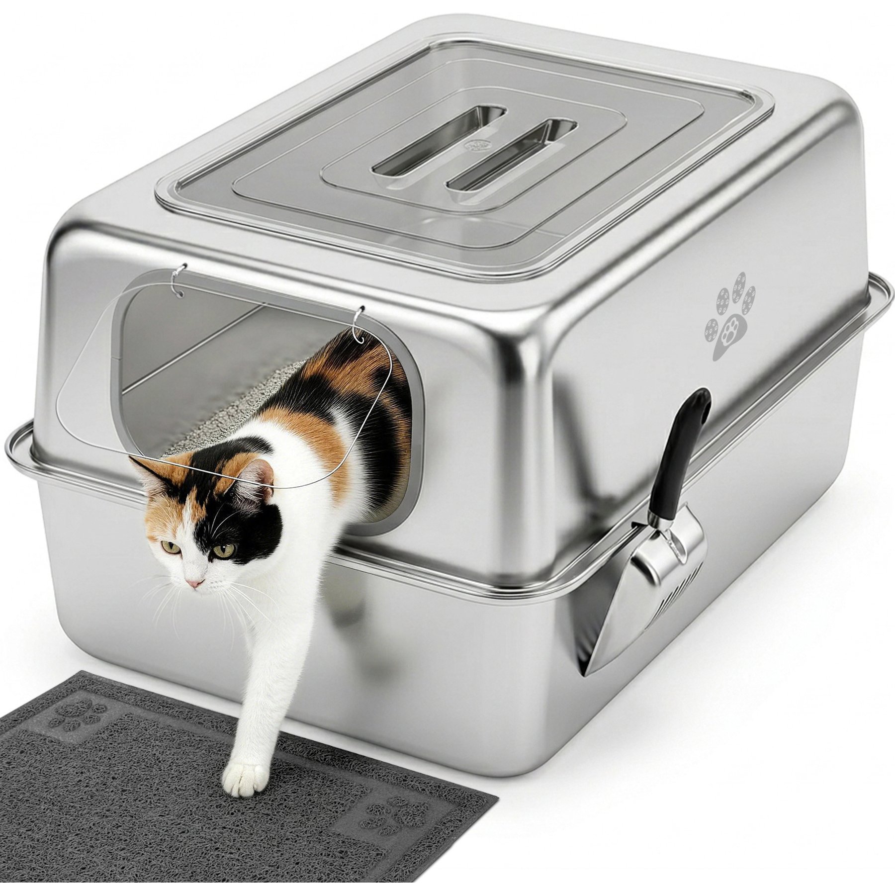Ptlom Narrow Entry High Sided Enclosed Leak Proof Stainless Steel Pan Cat Litter Box with Lid, 27.7 x 19.8 x 15.1-in