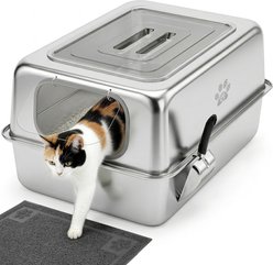 Ptlom Narrow Entry High Sided Enclosed Leak Proof Stainless Steel Pan Cat Litter Box with Lid, 27.7 x 19.8 x 13.1-in