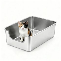 Ptlom Front Entry Stainless Steel Pan Cat Litter Box, 19.4 x 13.5 x 5.9-in