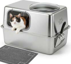 Ptlom Side Entry Stainless Steel Litter Box Extra Large Metal Pan Cat Litter Box with Lid, 23.8 x 15.9 x 15.1-in