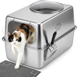 Ptlom Front Entry Stainless Steel Litter Box Extra Large Metal Pan Cat Litter Box with Lid, 23.8 x 15.9 x 15.1-in