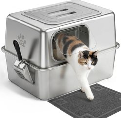 Ptlom Wide Entry High Sided Enclosed Leak Proof Stainless Steel Pan Cat Litter Box with Lid, 23.8 x 15.9 x 15.1-in