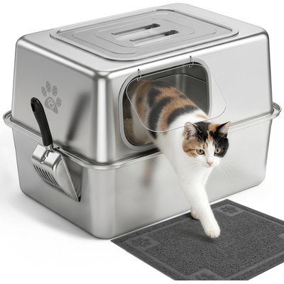 Ptlom Ptlom Wide Entry High Sided Enclosed Leak Proof Stainless Steel Pan Cat Litter Box with Lid, 23.8 x 15.9 x 15.1-in