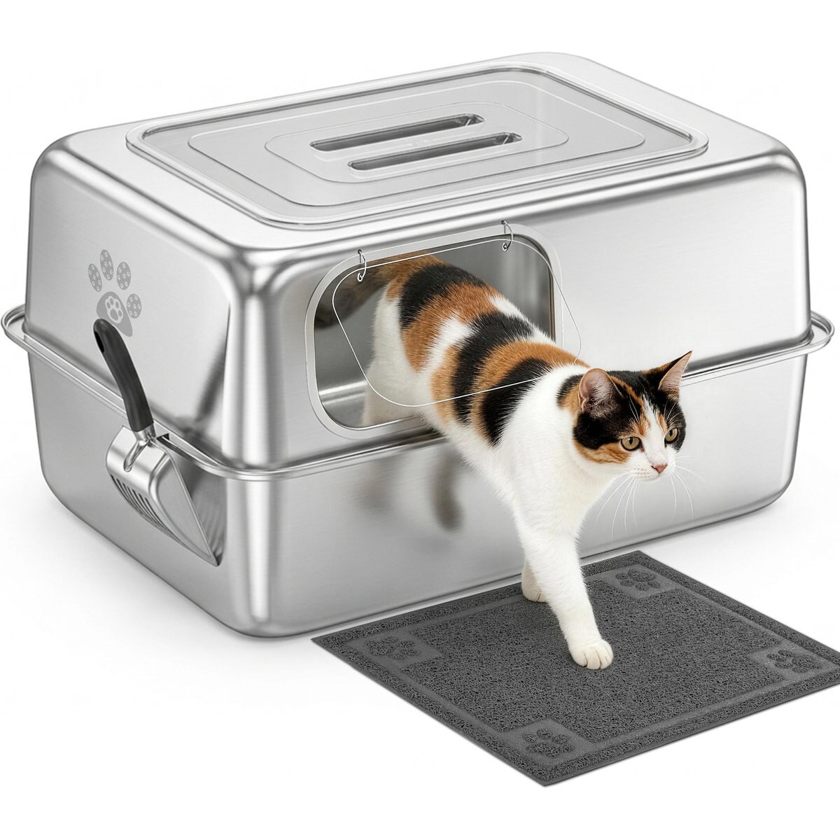 Ptlom Wide Entry High Sided Enclosed Leak Proof Stainless Steel Pan Cat Litter Box with Lid, 27.7 x 19.8 x 15.1-in