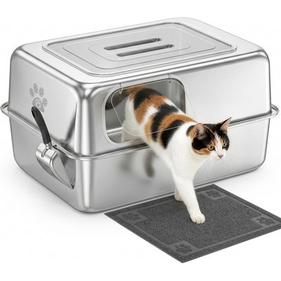 Ptlom Ptlom Wide Entry High Sided Enclosed Leak Proof Stainless Steel Pan Cat Litter Box with Lid, 27.7 x 19.8 x 15.1-in