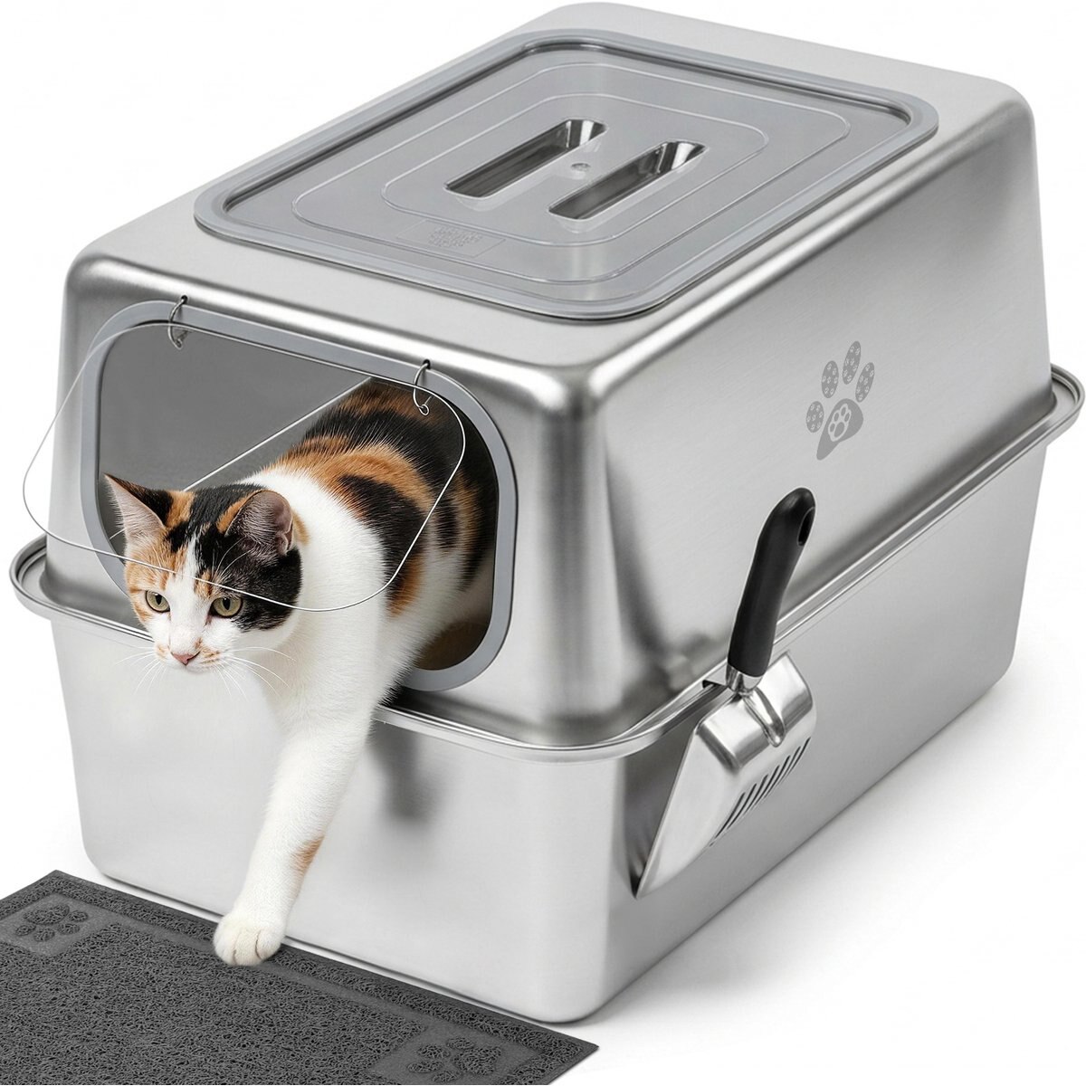 Ptlom Narrow Entry High Sided Enclosed Leak Proof Stainless Steel Pan Cat Litter Box with Lid, 23.8 x 15.9 x 15.1-in