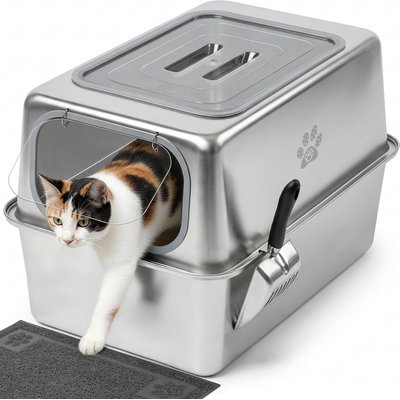 Ptlom Ptlom Narrow Entry High Sided Enclosed Leak Proof Stainless Steel Pan Cat Litter Box with Lid, 23.8 x 15.9 x 15.1-in
