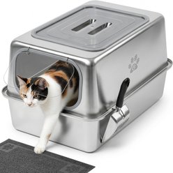 Ptlom Narrow Entry High Sided Enclosed Leak Proof Stainless Steel Pan Cat Litter Box with Lid, 23.8 x 15.9 x 13.1-in