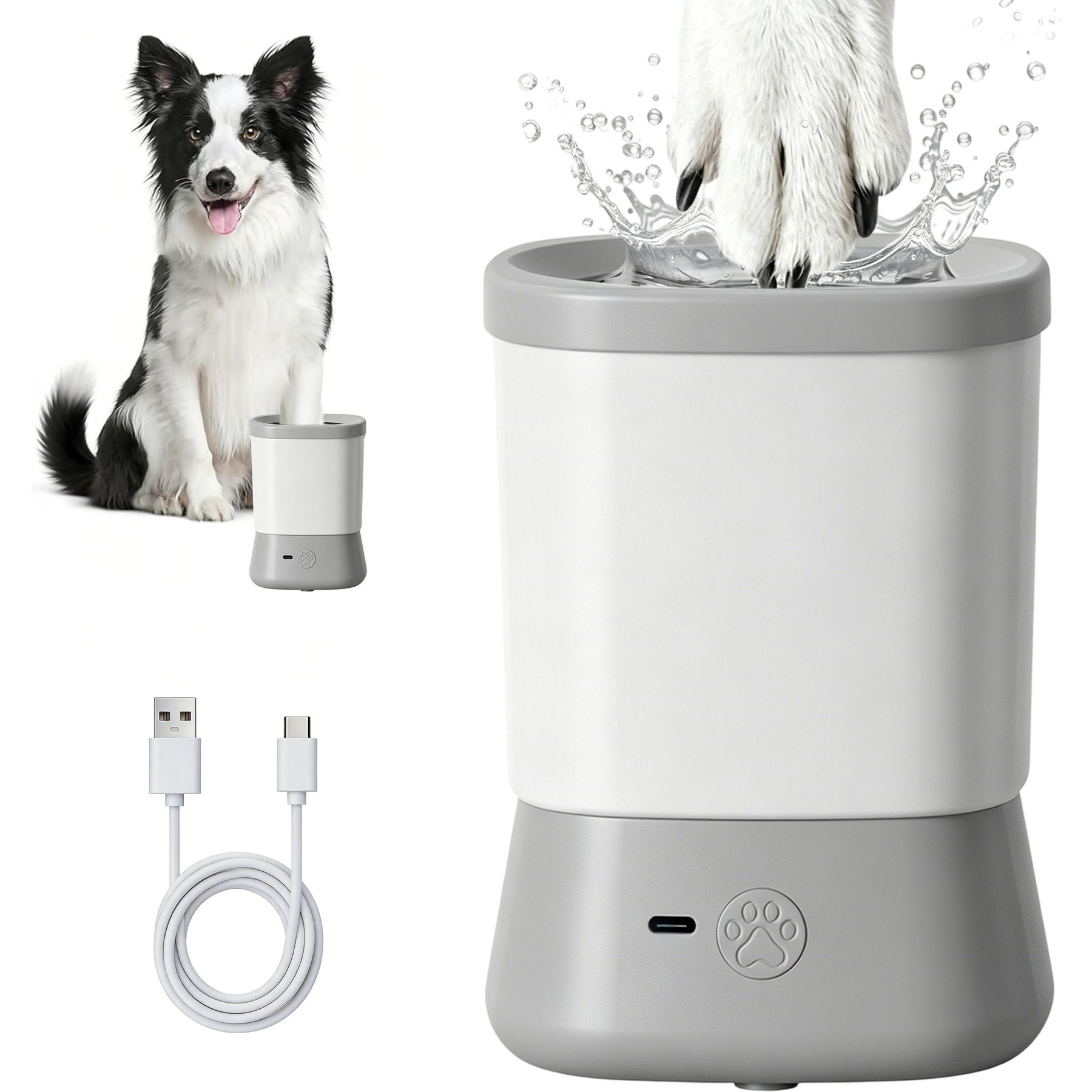 Twinsing 2 Speed Automatic Rechargeable Dog & Cat Foot Washer with Soft Brush, Grey