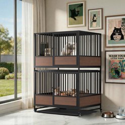 Wisfor Stackable Metal Furniture Style Double Layer Dog Crate, Black & Dark Walnut