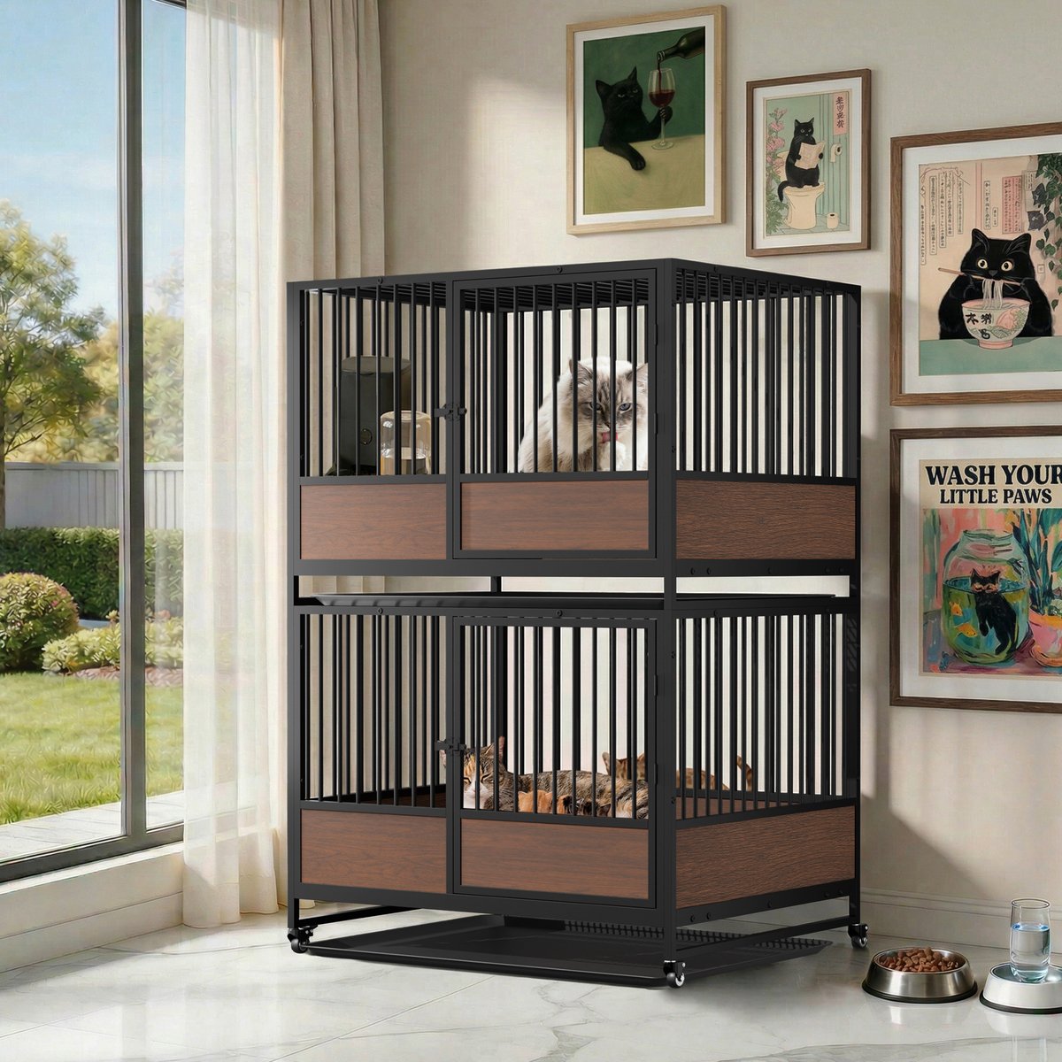 Wisfor Stackable Metal Furniture Style Double Layer Dog Crate, Black & Dark Walnut