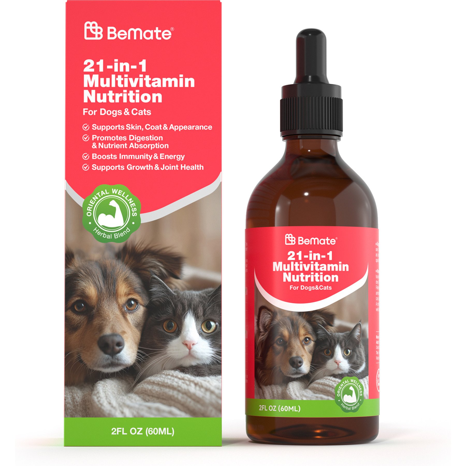 BeMate 21-in-1 Multivitamin Comprehensive Support for Skin, Energy & Vitality with Herbal Blend Liquid Supplement for Dogs & Cat, 60-mL