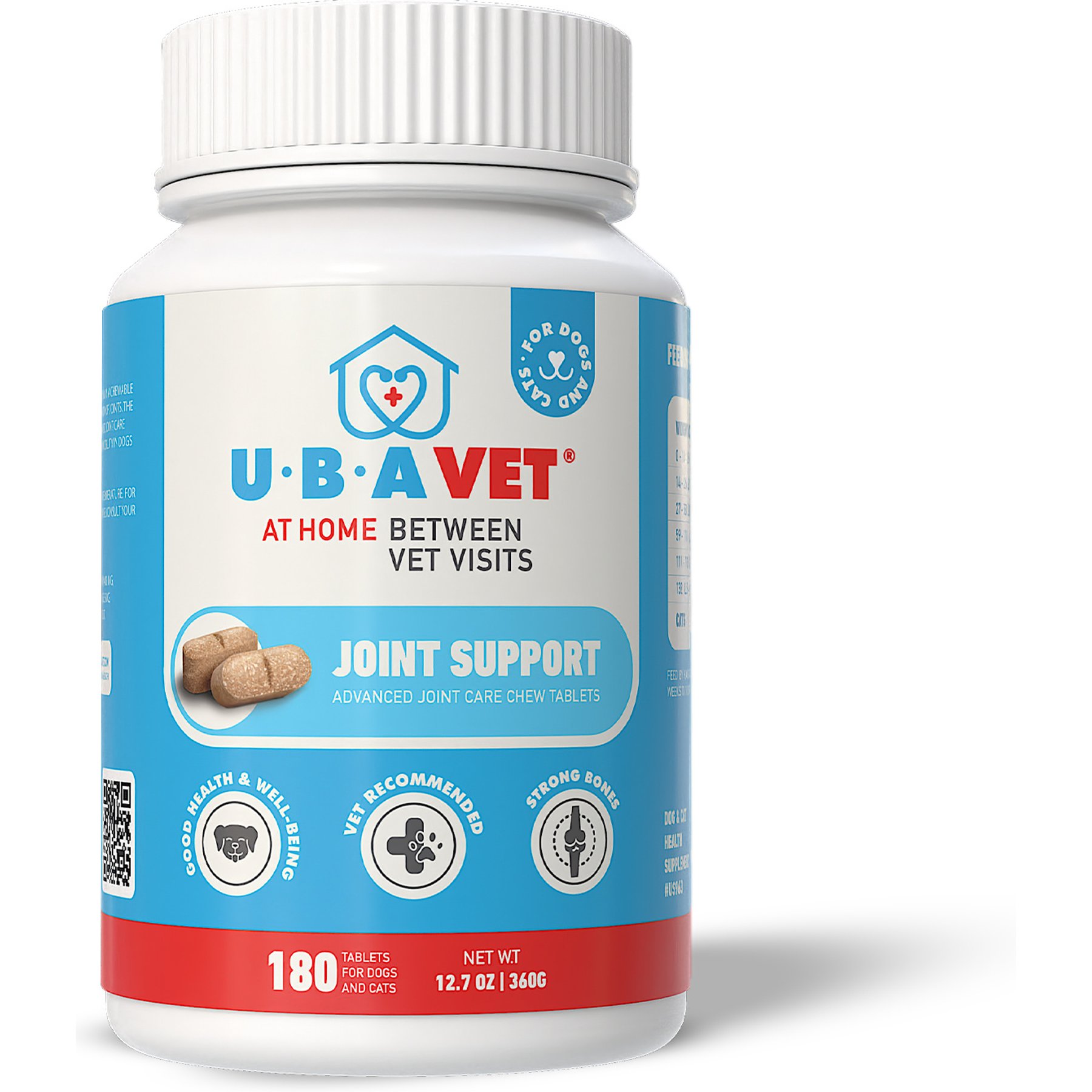 UBAVET Hip & Joint Support Chicken Flavored Chewable Tablets Joint Supplement for Dogs & Cats, 180 count