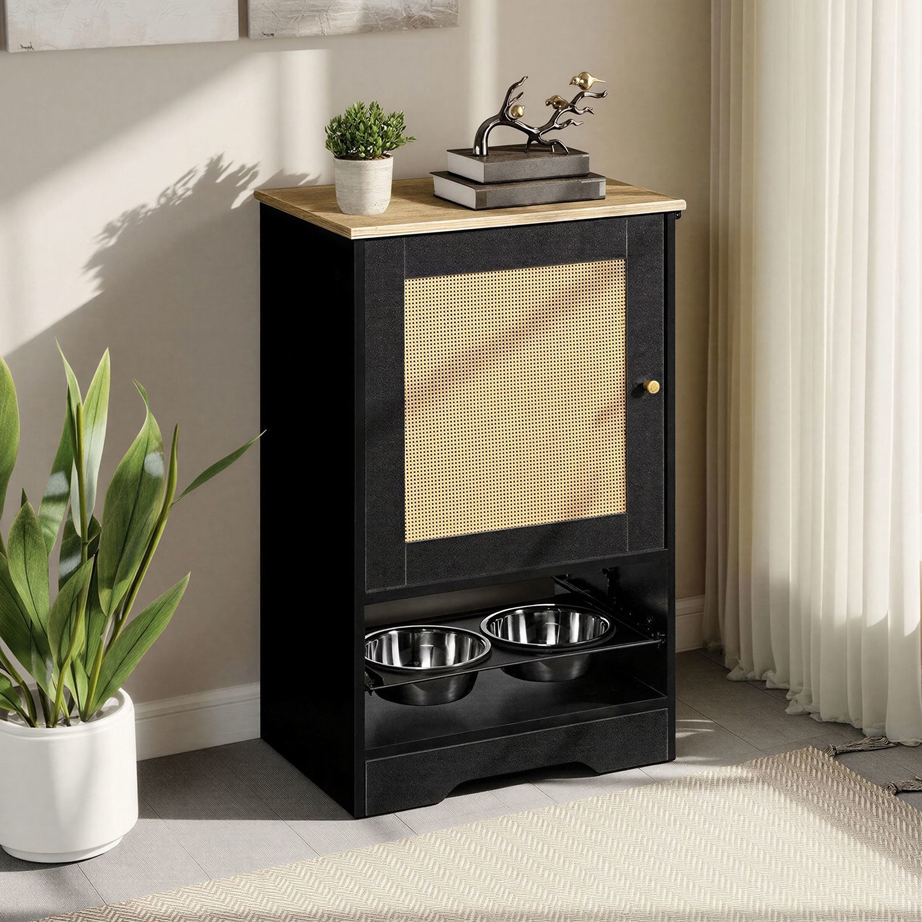 Yafylly Hidden Cat Feeding Station with Storage, Black