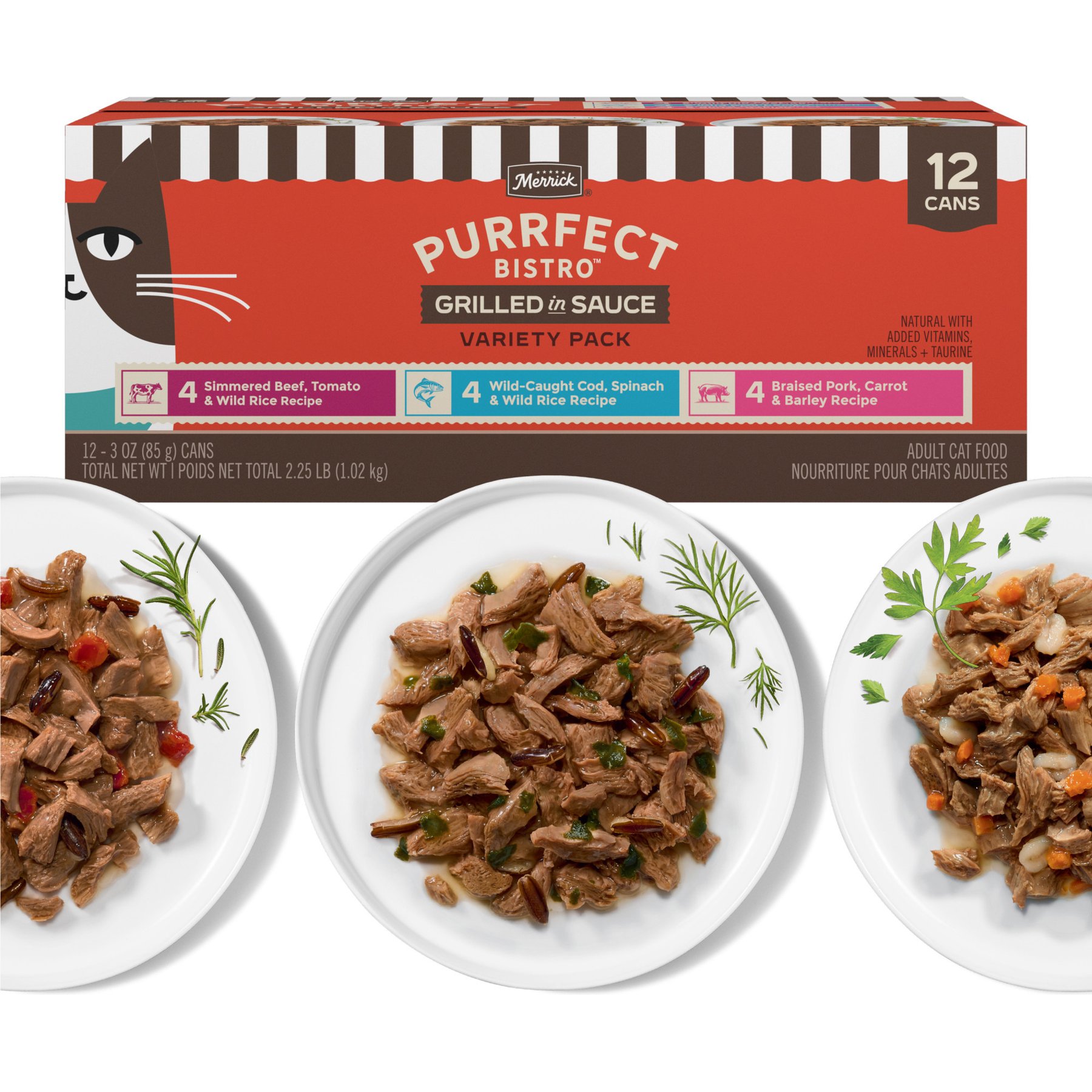 Merrick Purrfect Bistro Grilled in Sauce Variety Pack High Protein Wet Cat Food, 3-oz can, case of 24