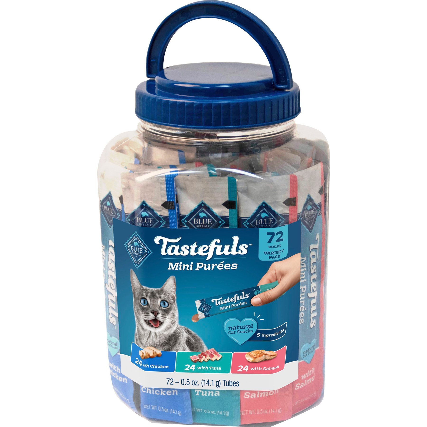 Blue Buffalo Tastefuls Mini Purees Natural Single Serving Tubes Variety Pack No Corn Wheat Soy Chicken, Tuna, & Salmon Lickable Cat Treats, 72 count