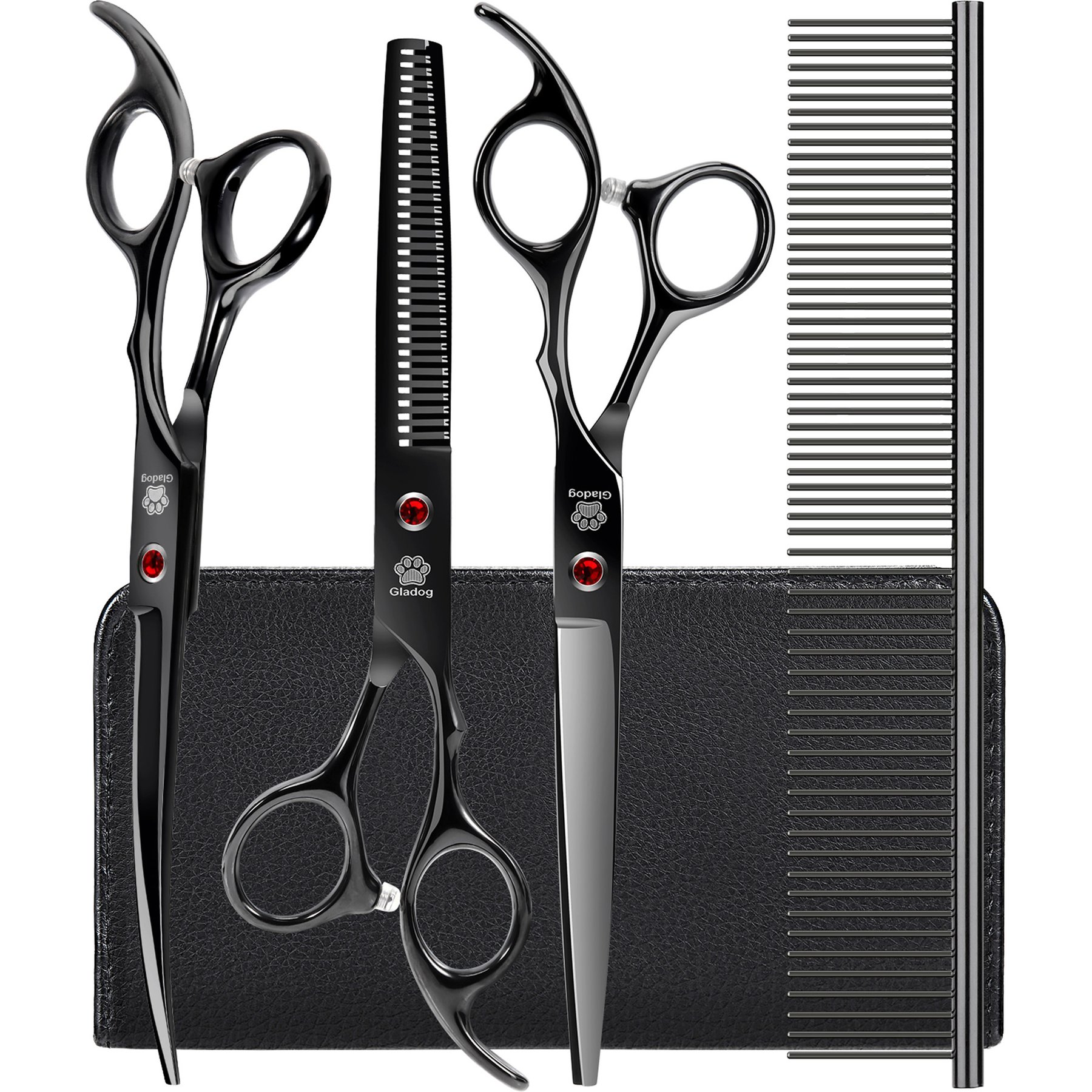 GLADOG Professional 5-in-1 Dog & Cat Grooming Scissors Kit with Comb, Black, 7-in, 4 count