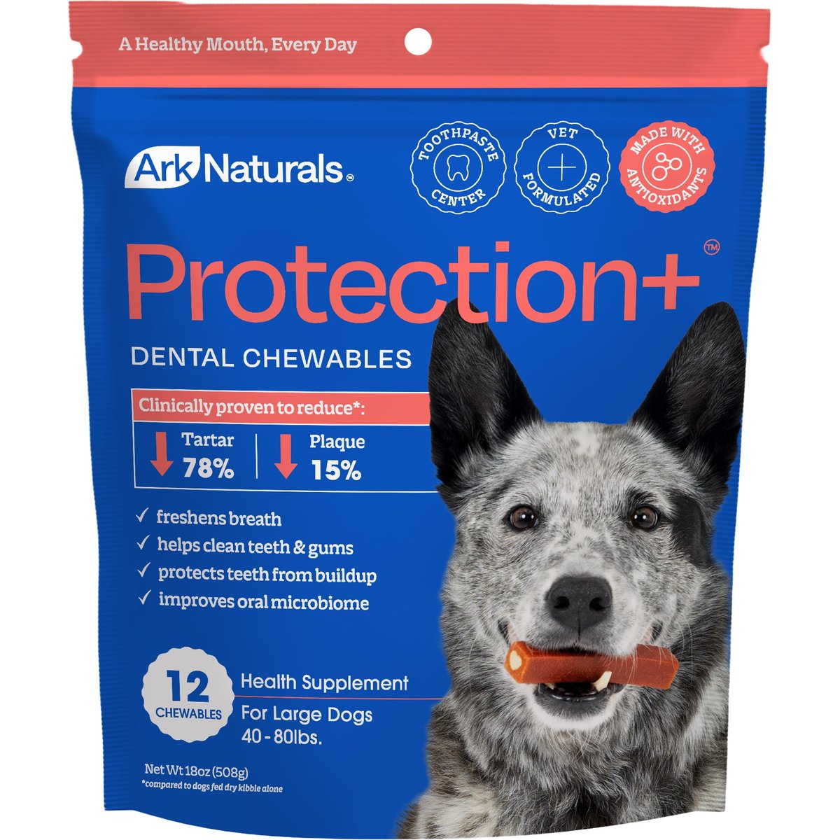 Ark Naturals Protection+ Brushless Toothpaste Large Dental Dog Treats, 18-oz bag, 12 count