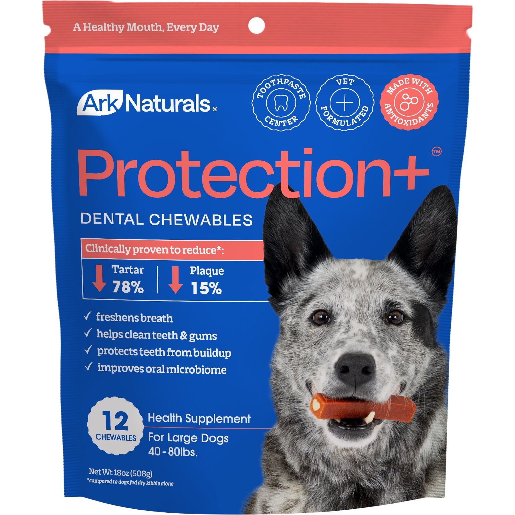 Ark Naturals Protection+ Brushless Toothpaste Large Dental Dog Treats, 12 count