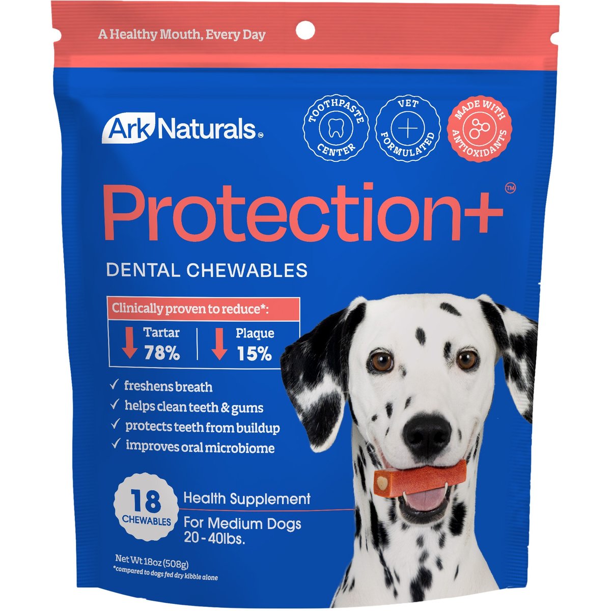 Ark Naturals Brushless Toothpaste Protection+ Medium Dental Dog Treats, 18 count