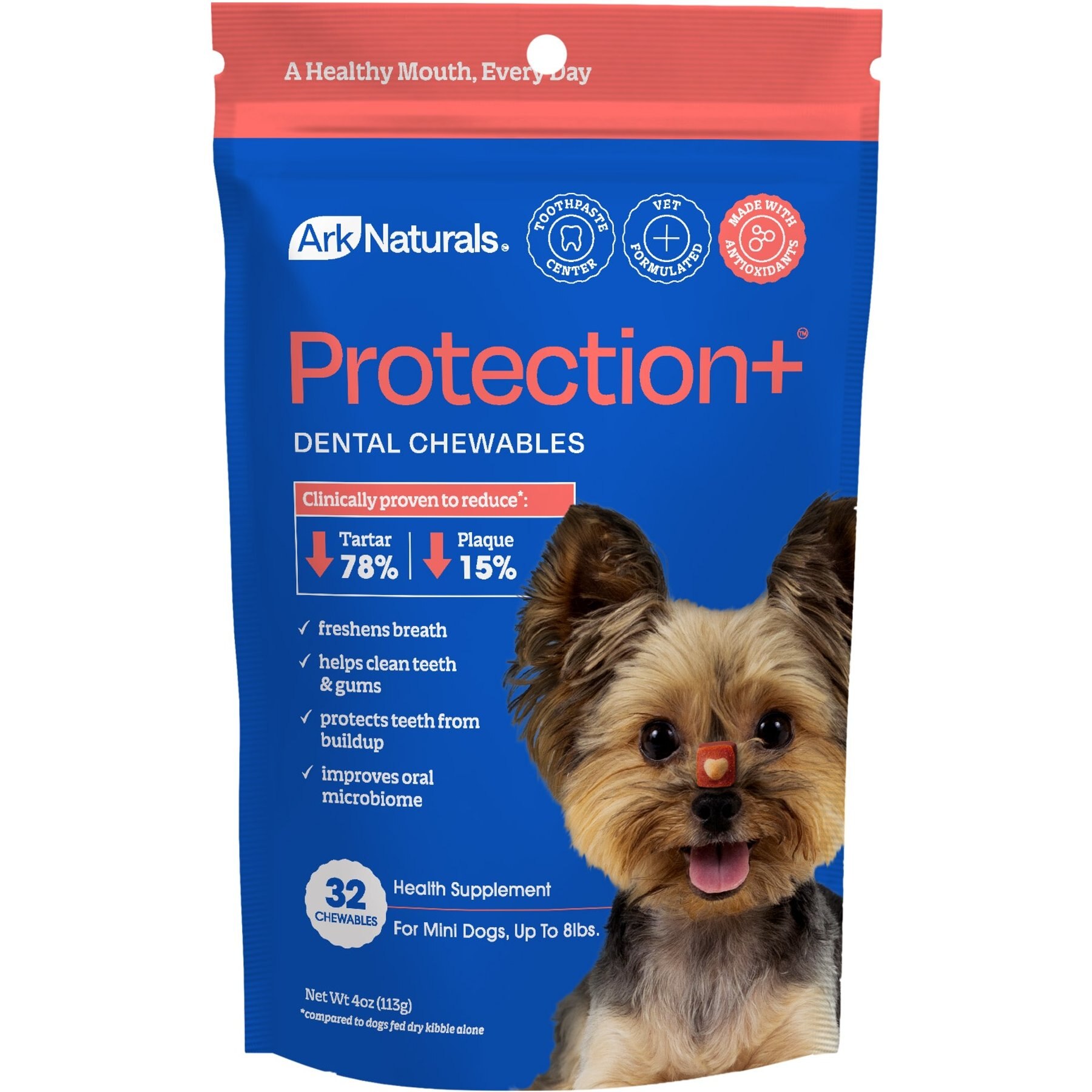 Ark Naturals Brushless Toothpaste Protection+ Mini Dental Dog Treats, 32 count